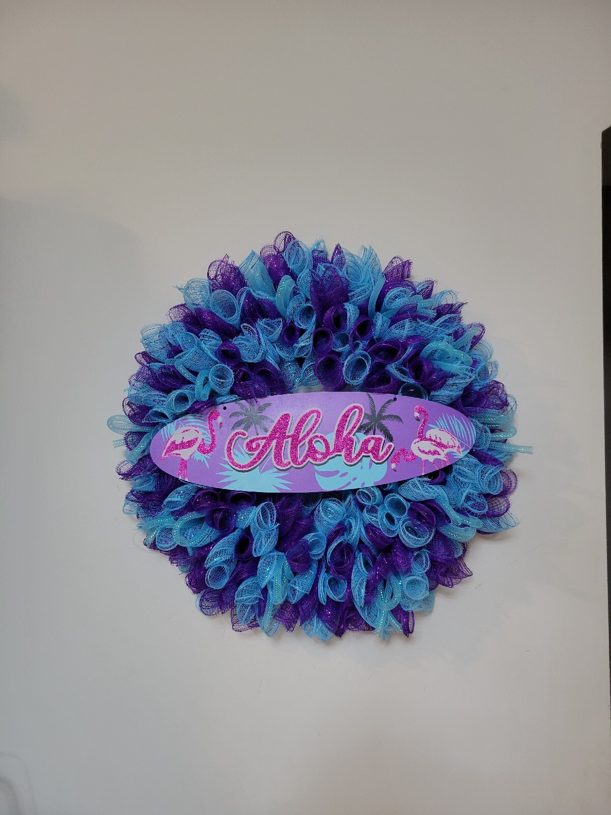 ALOHA Summer Spring Mesh Front Door Wreath Wall Decor BRIGHT Purple Pink Blue