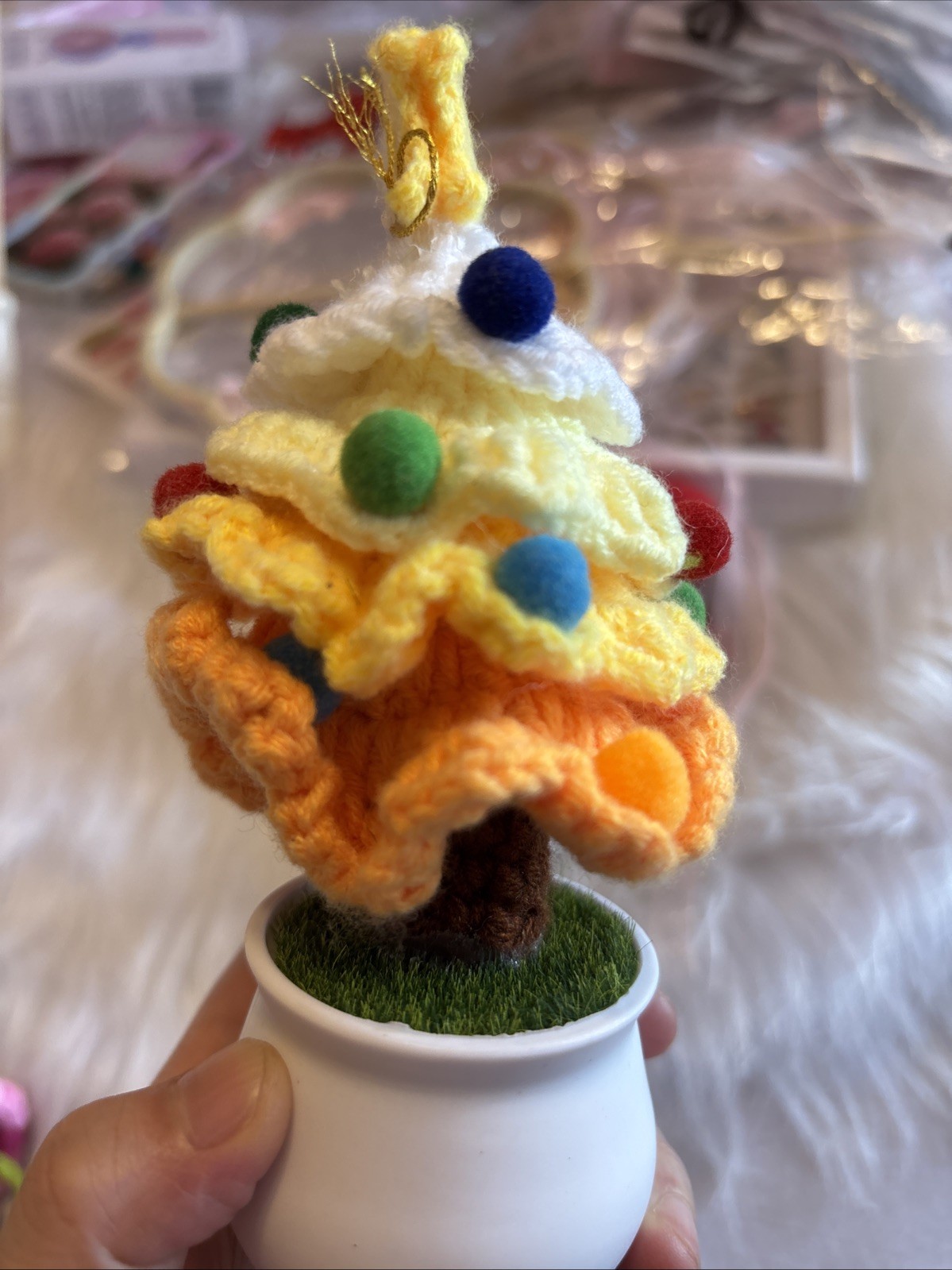 Handmade Crochet Christmas Tree Potted Plant Kawaii Pom Pom Desk Decor Gift
