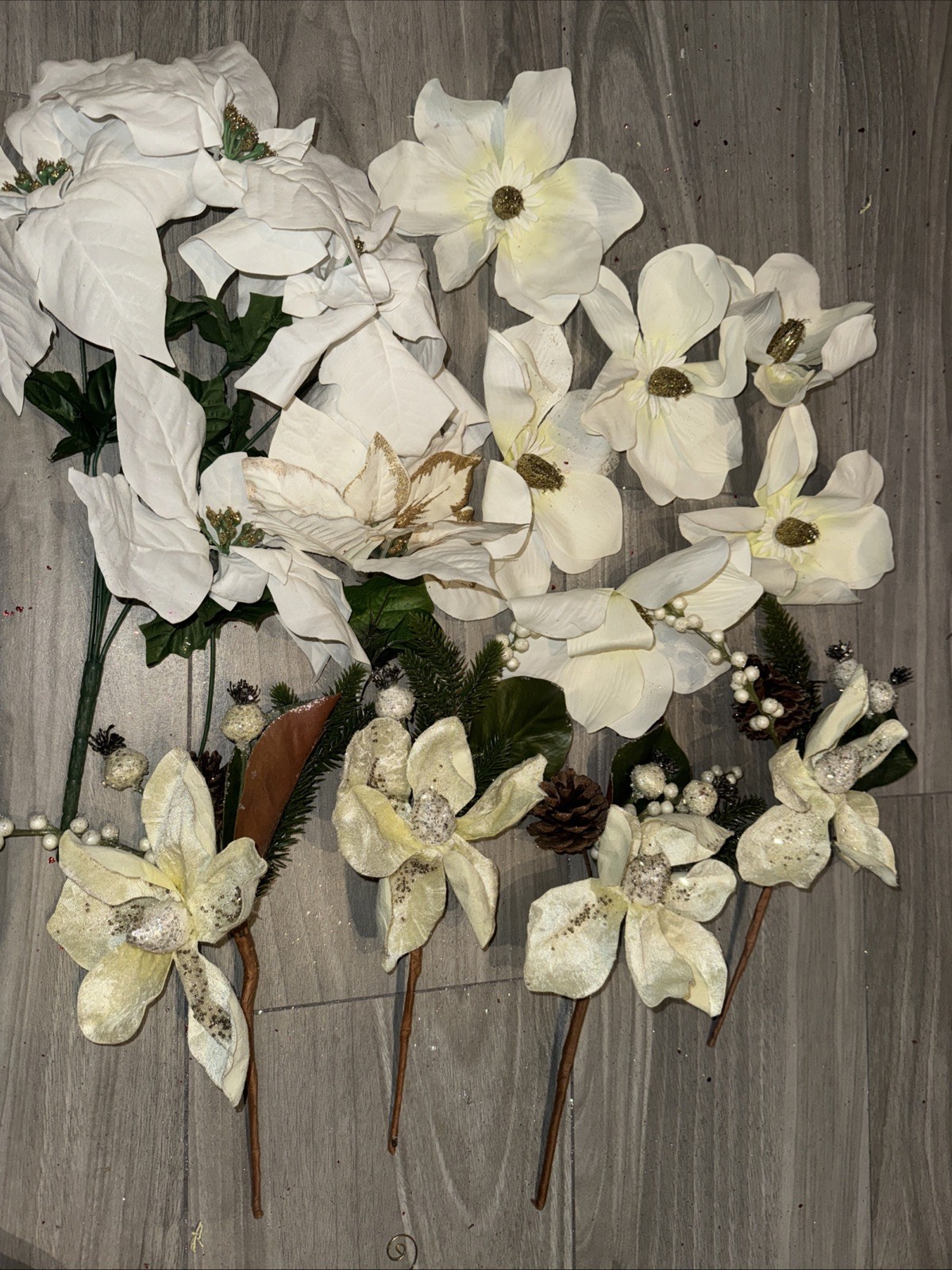 Artificial Flowers Holiday White Floral Stems And Clips Entire Lot Included