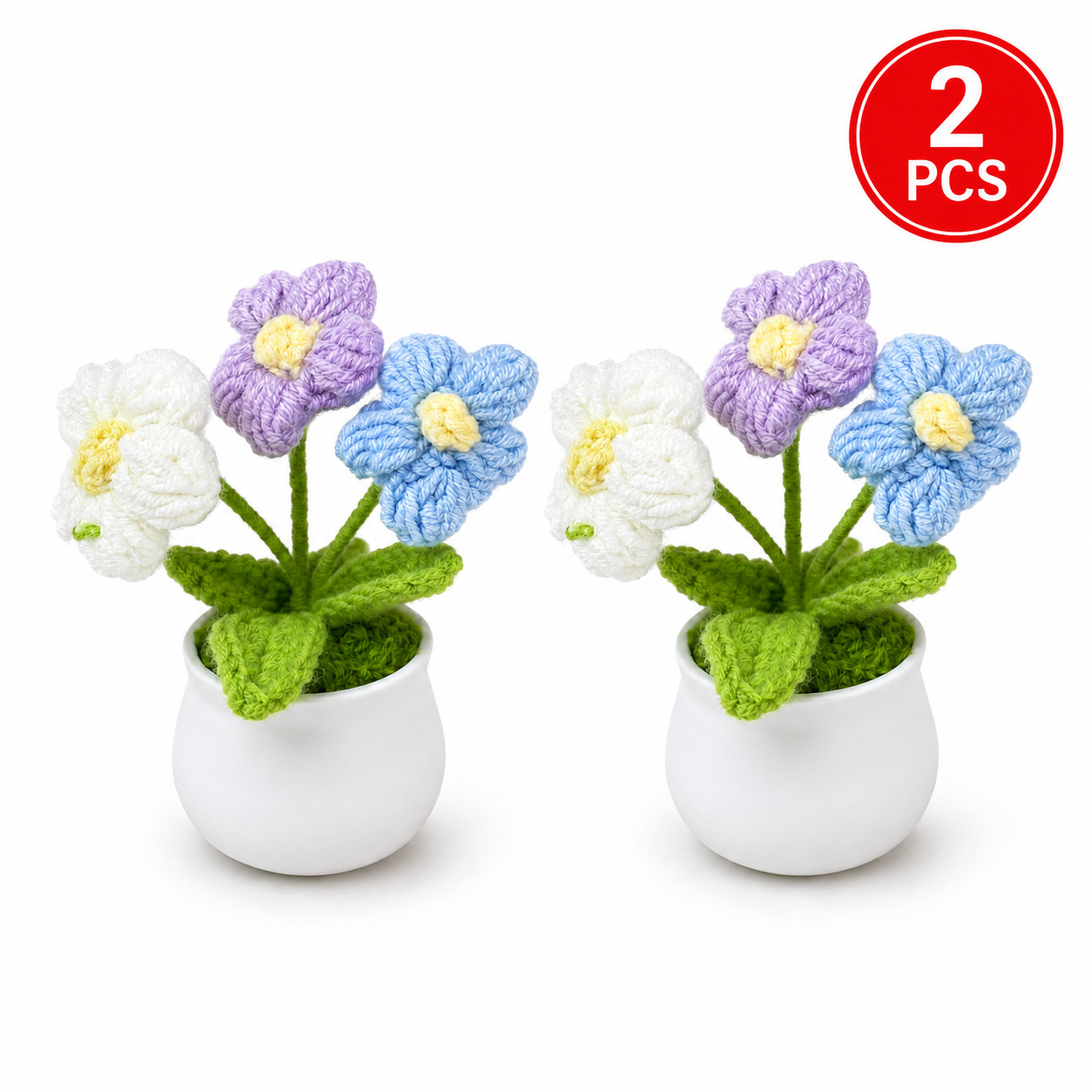 [Pack of 2] Pastel Trio Crochet Flower Mini Pot Desk Decor with Flexible Stems