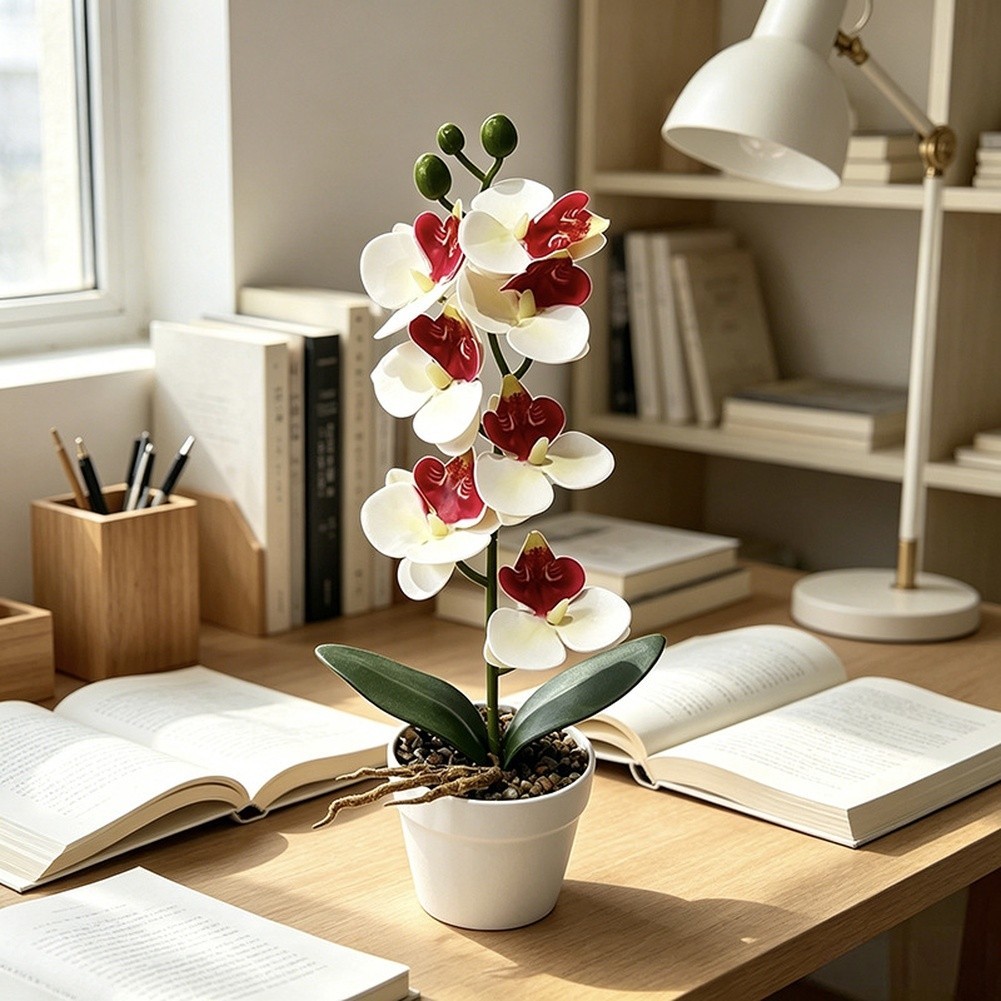 Life-Like 7-Bloom Artificial Orchid in Stylish White Stone Pot 11.81 in