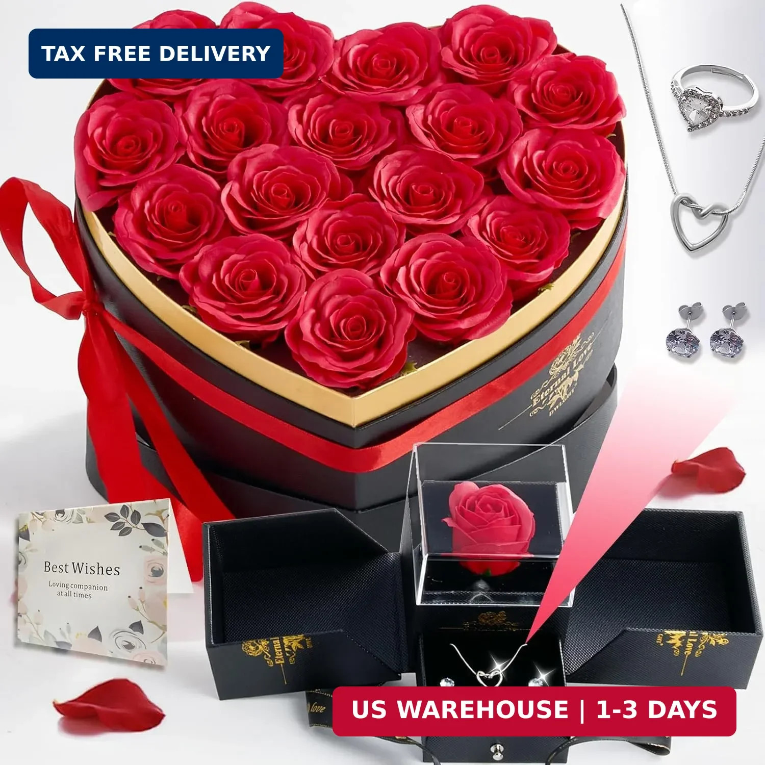 Artificial Forever Preserved Flowers Box & Preserved Roses with Necklace Ring Ea