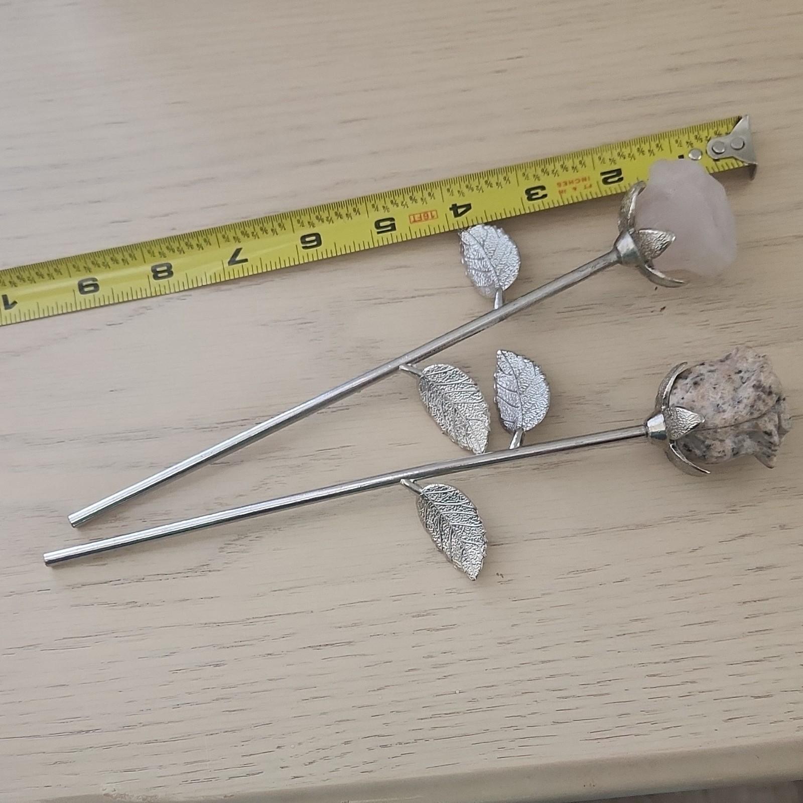 2pc Artificial Rose Flower Stems Metal & Stone, Silver Pink Beige, 8 in