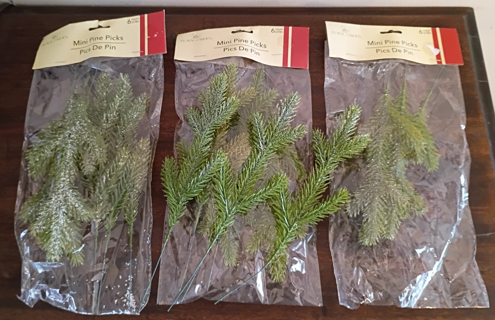 18 Pcs Mini Pine Picks 9.5″, Green Flocked & Glittery, Lot of 3 Packs Christmas