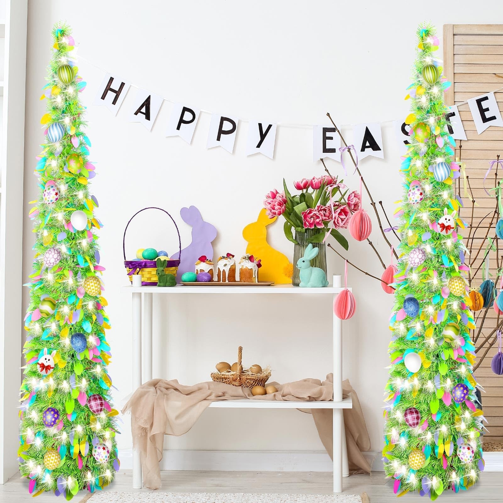 Sosation 2 Pcs 5 ft LED Easter Tinsel Trees Blue Pop up Pencil Trees with