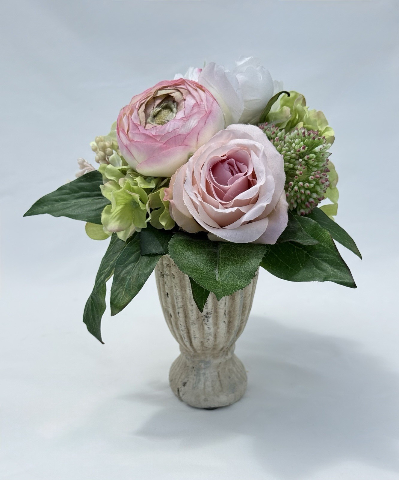 Faux Flower Arrangement in Fluted Urn Vase Cottage Decor