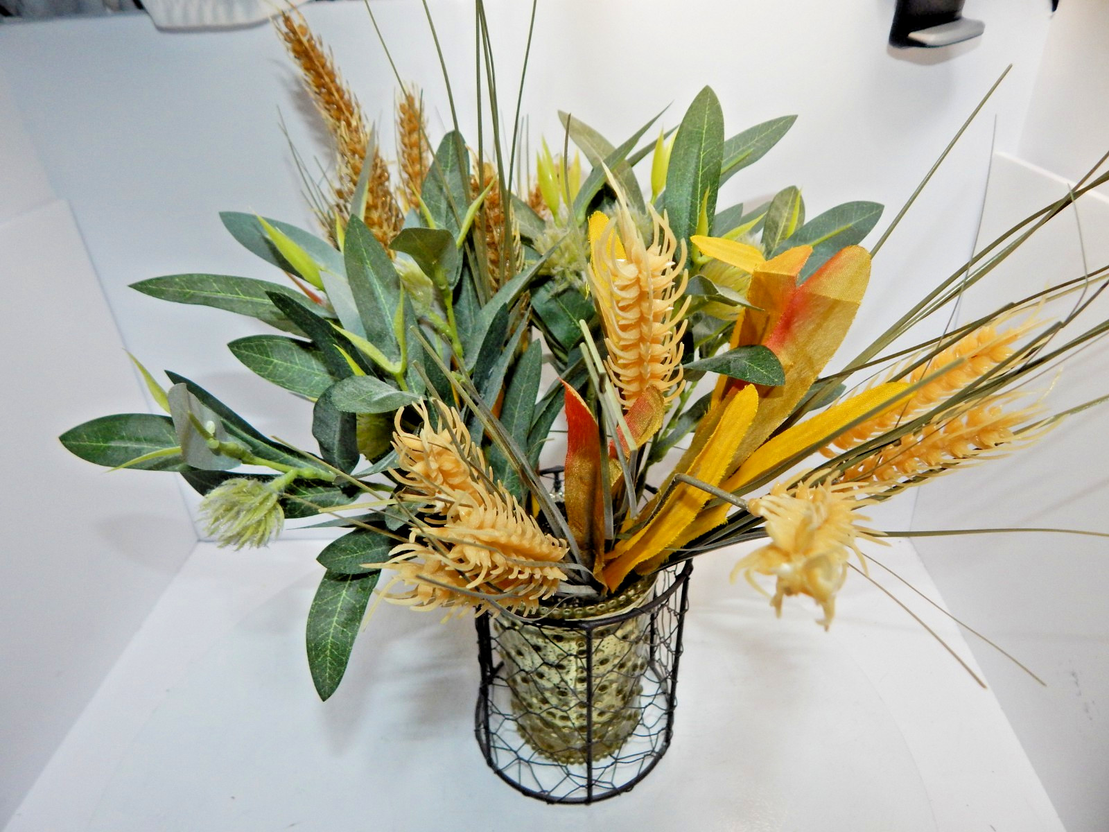 Bouquet Mix Artificial Fall Foilage ripened wheat grains stems glass wire basket