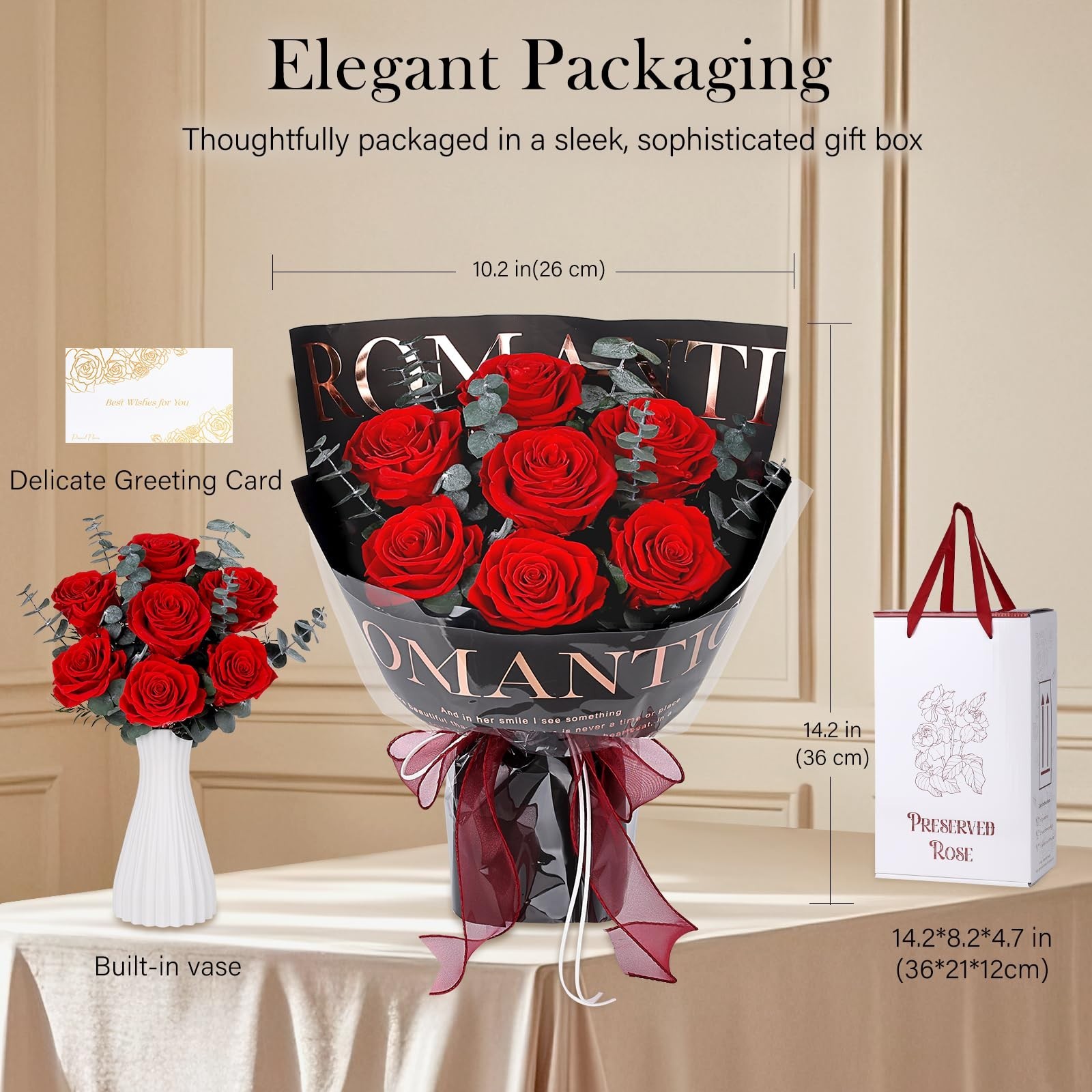 7 Red Roses Preserved Flowers in Black Wrap – Perfect Gift for Women