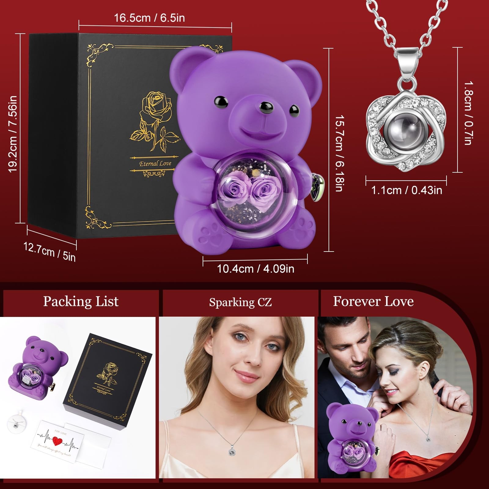 Rose Bear Gift Box Preserved Flower Teddy Bear Purple Decor