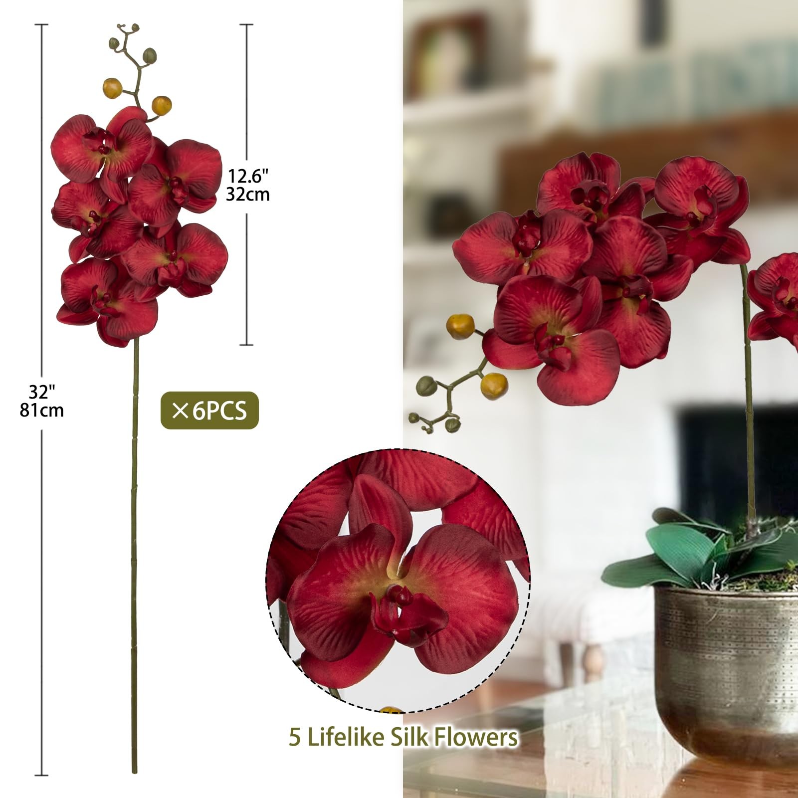 6PCS 32″ Artificial Orchid Stems Red Butterfly Orchid Faux Phalaenopsis Flowe…