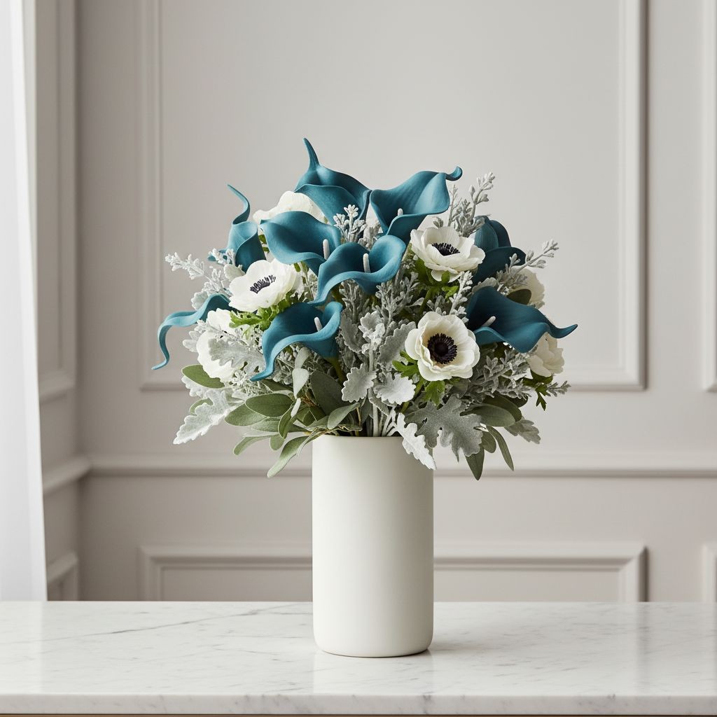 Teal Calla Lily Stems Faux Floral Bouquet Peacock Blue Flowers 5 Stem Bunch Mode
