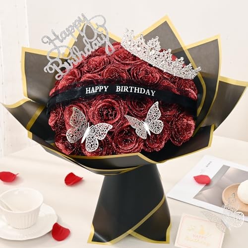 Glitter Roses Bouquet, Birthday Gifts for Women Mom, DIY Fake 36pcs Red