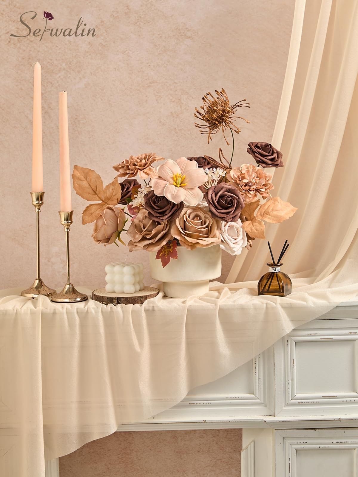Artificial Flowers Brown Apricot Fake Silk DIY Wedding Bouquet Centerpiece