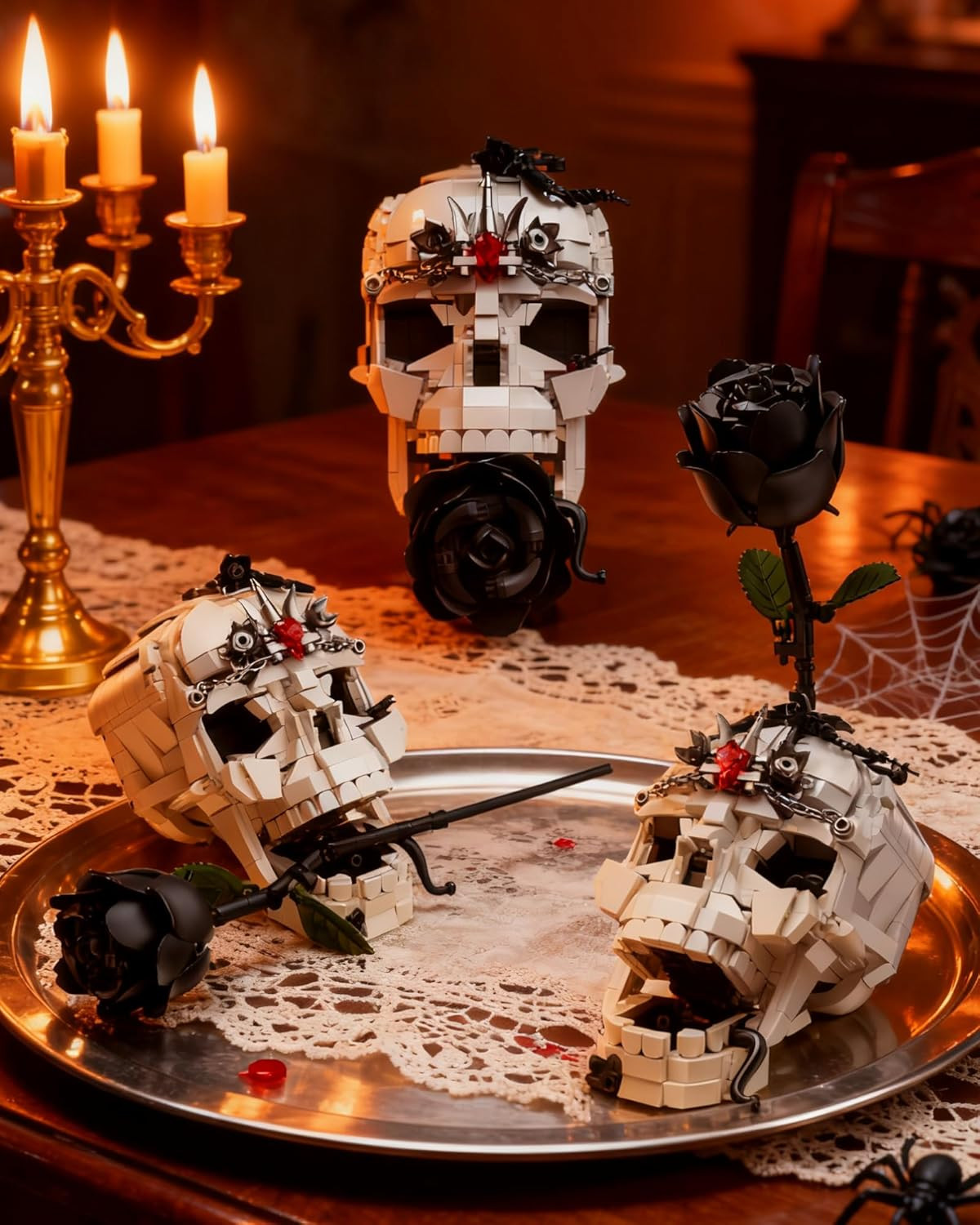 Skull Black Rose Flower Building Set, 3 in 1 Gothic Horror Decor Botanical Artif