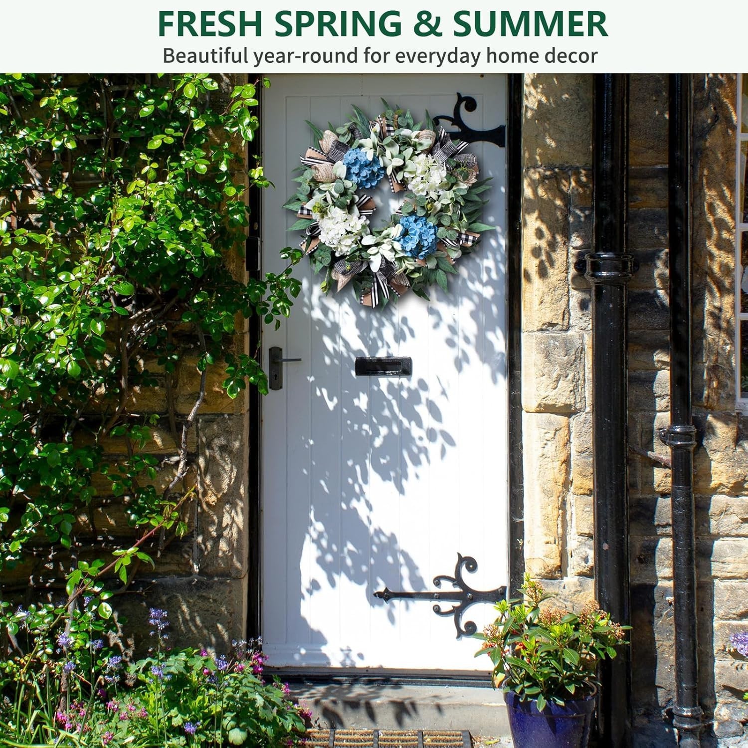 Farmhouse Hydrangea Wreath – -Round Spring Summer Decor