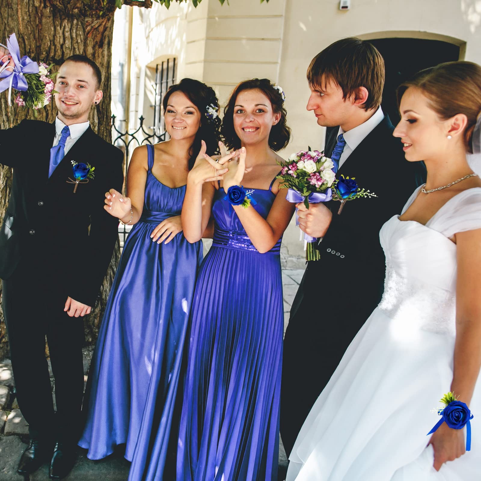 4 PCS Wedding Party Corsage Boutonniere Set Blue Rose Wrist Band Groom Men Decor