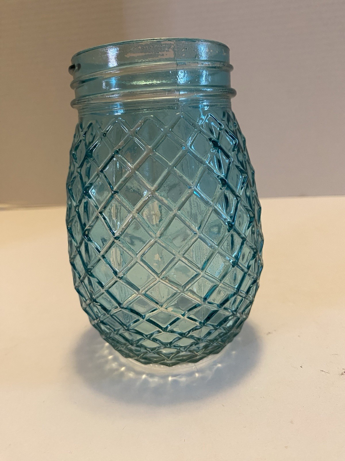 Vintage Style Blue Glass Flower Jar with Grid Like A Pineapple No Lid