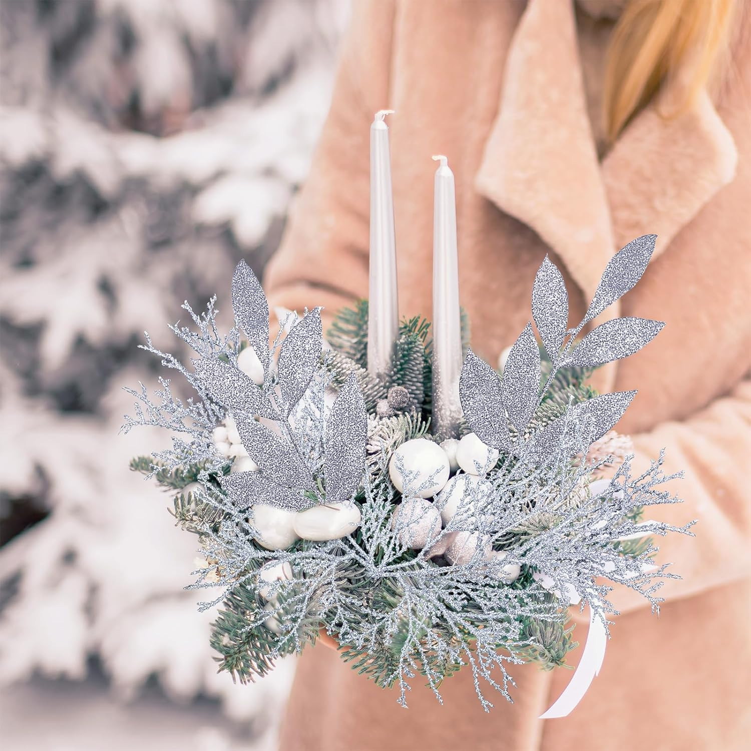 Winlyn 30 Pcs Christmas Artificial Leaf Sprays Cedar Picks Silver Glittered Chri