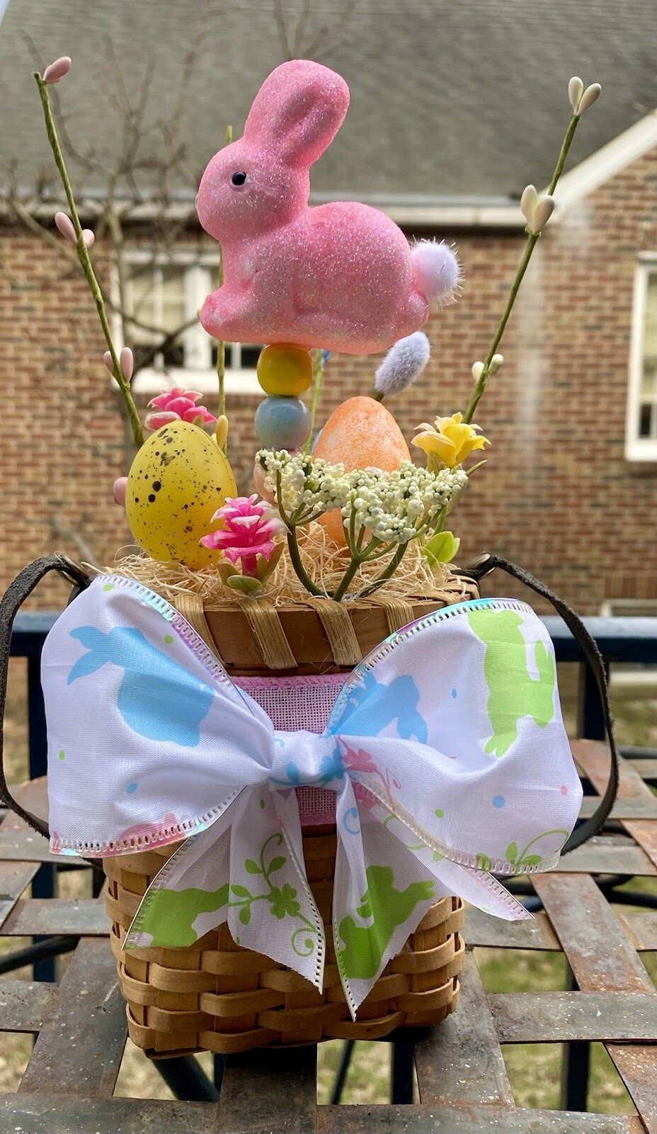 Handmade Floral Flower Arrangement Spring Easter Hanging Basket Bunny Egg Decor