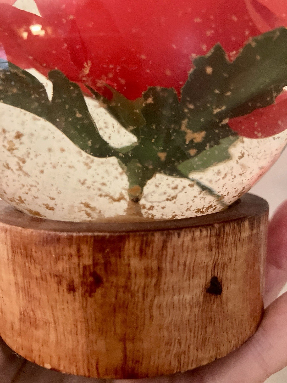 Vintage Preserved Faux Red Flower Rose in Glass Water Dome Globe Wood Pedestal