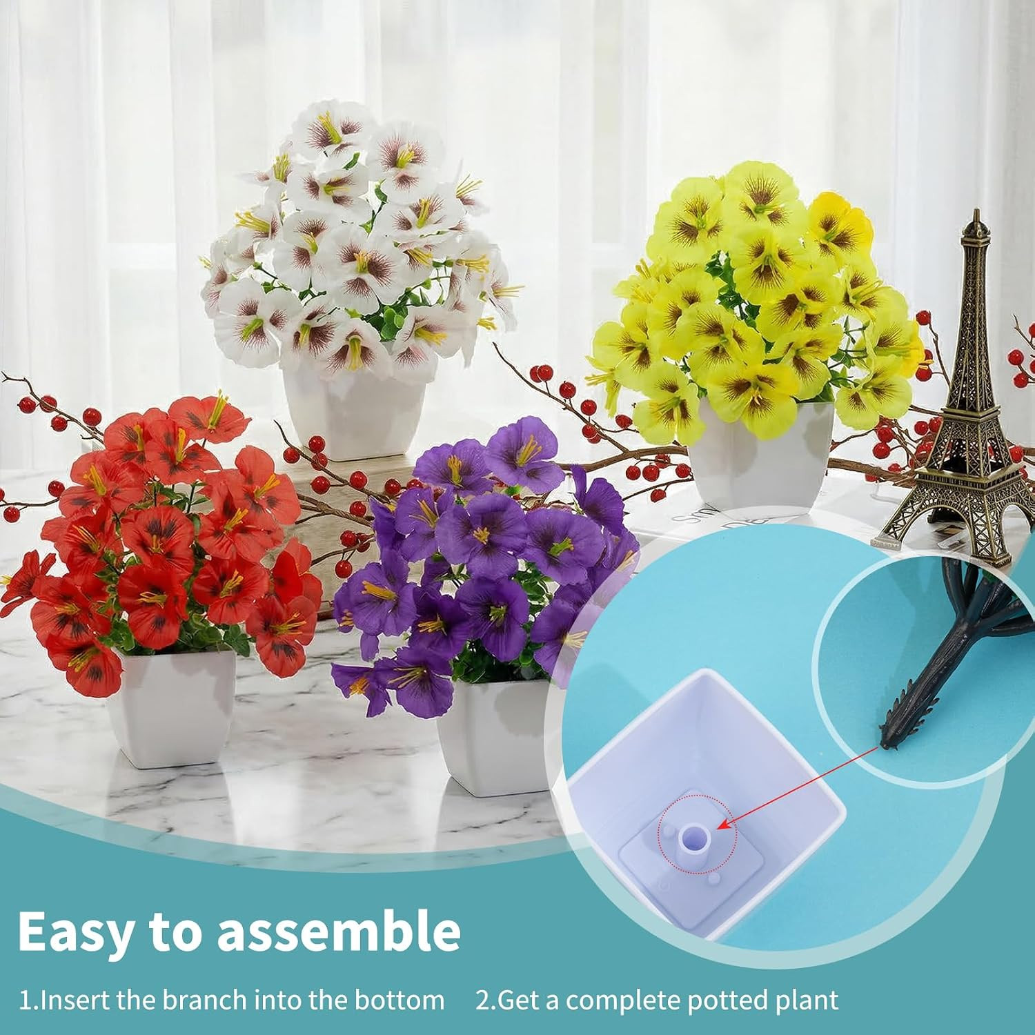 4 Pack Small Artificial Pansy Flowers Fake Plants in White Pots, Mini