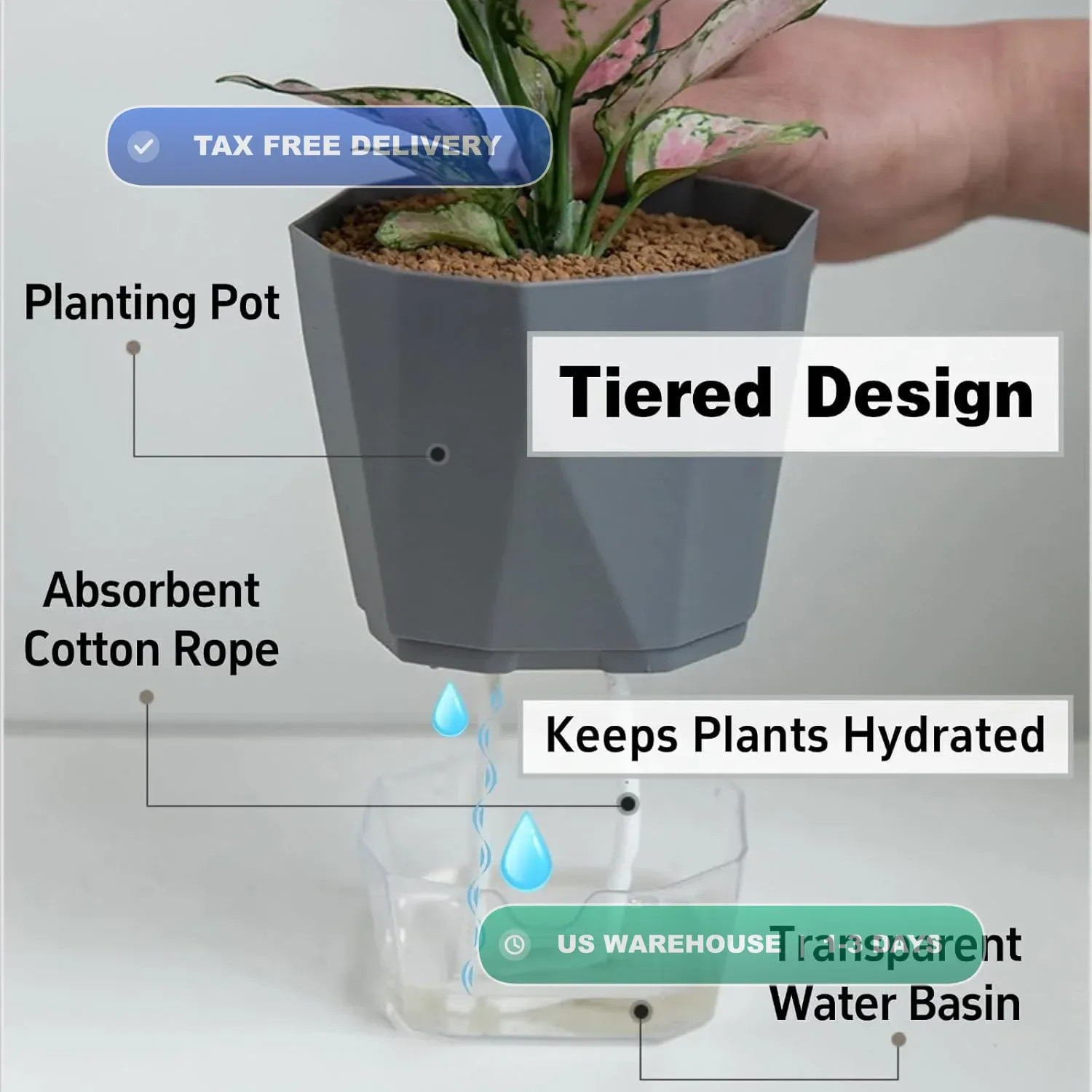 4 Packs Self Watering Plant Pots, Plastic Flower Pots with Drainage Hole and Sau