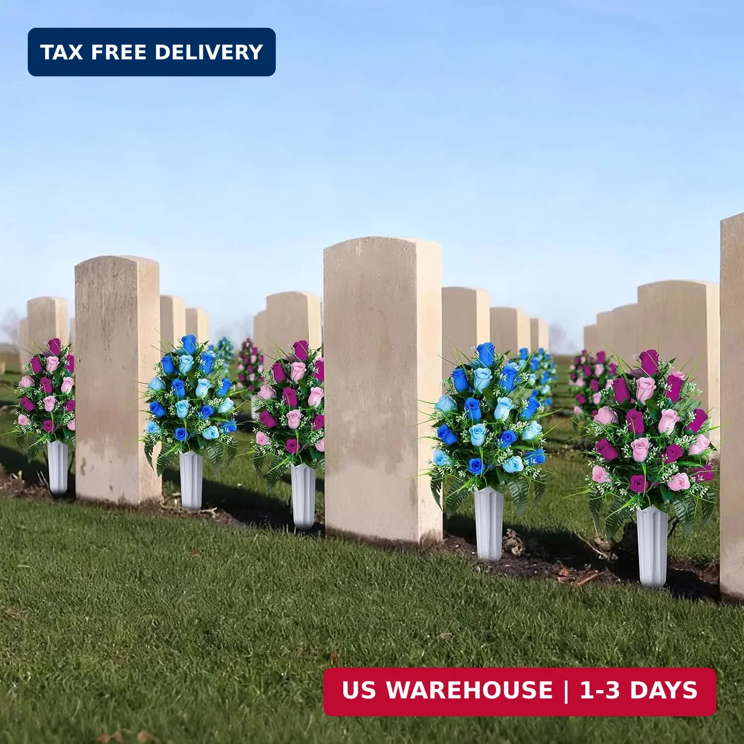 Artificial Cemetery Flowers – Set of 2 Grave Memorial Rose Flowers with Vase for