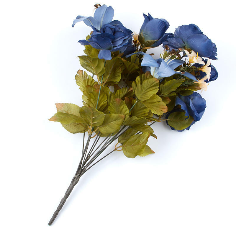 Poly Silk Blue Hydrangea, Rose and Lily Floral Bush | For Indoor Decor