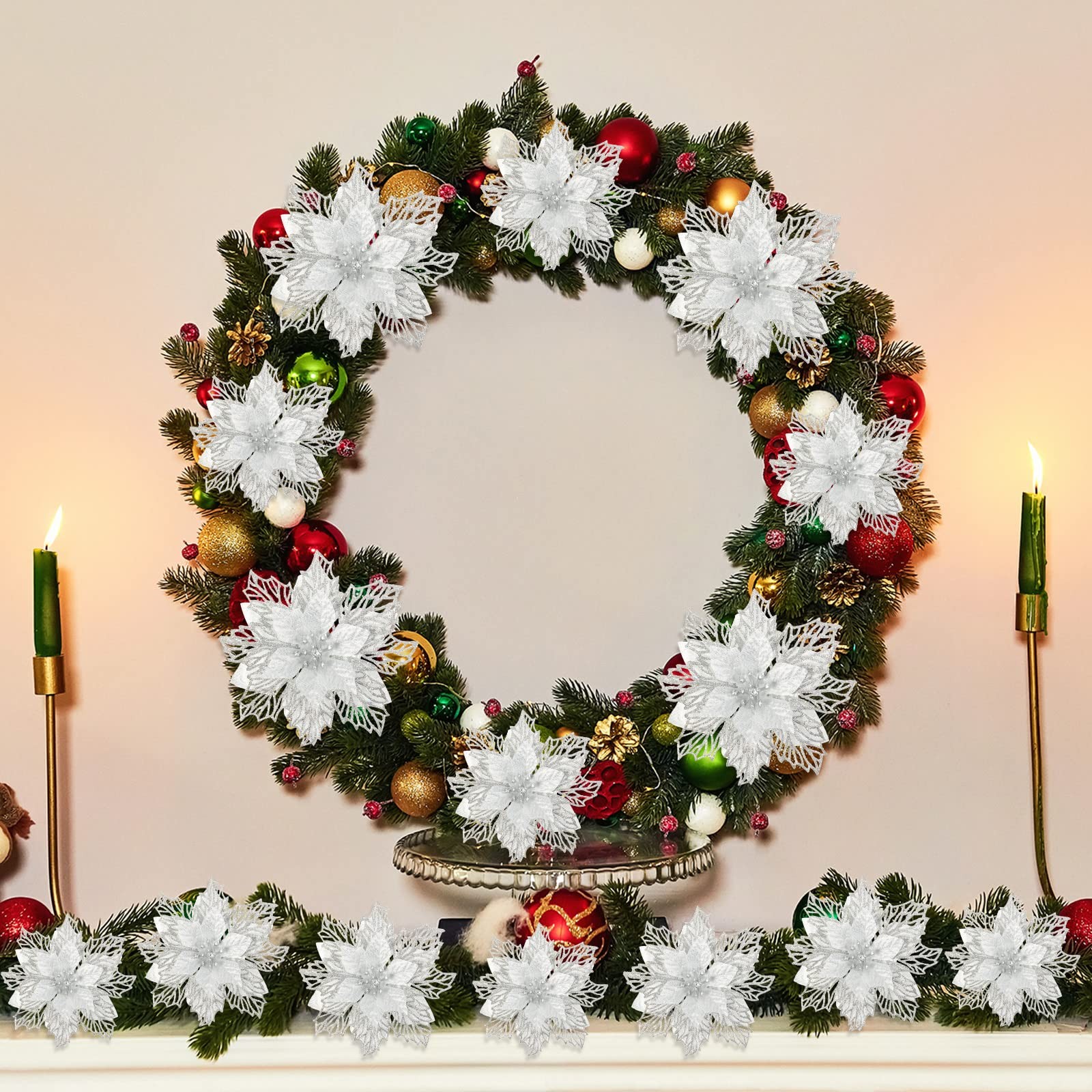 24 Pieces Happy New Year Glitter Poinsettia Flowers Layered Artificial Flower…