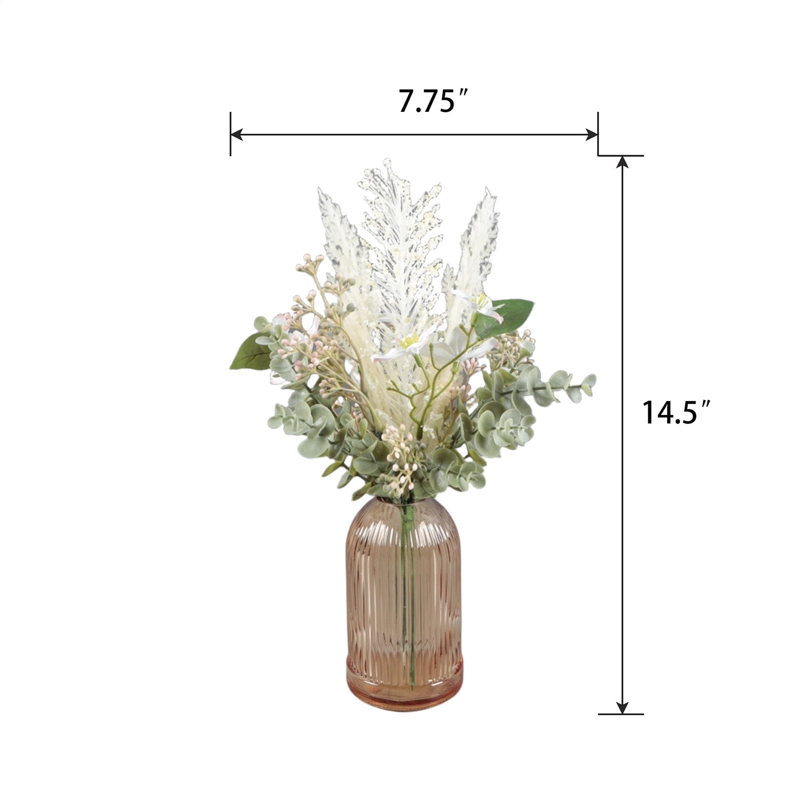 White Faux Floral Arrangement in Glass Vase 14.5 in H x 7.8 in W x 7.8 in D