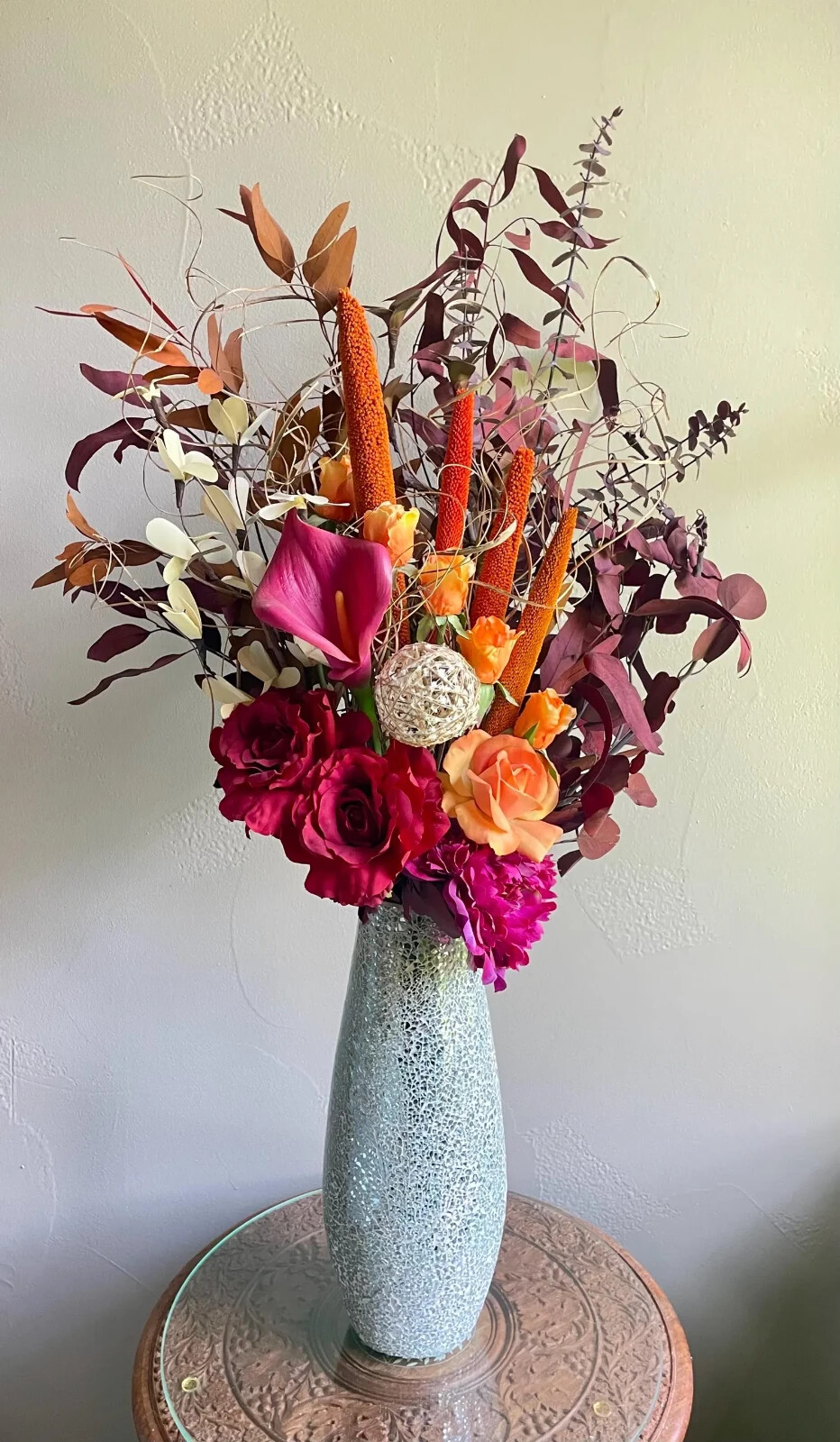 Flower Arrangement- Burgundy Orange Mauve Roses Tulips Hydrangea Centerpiece