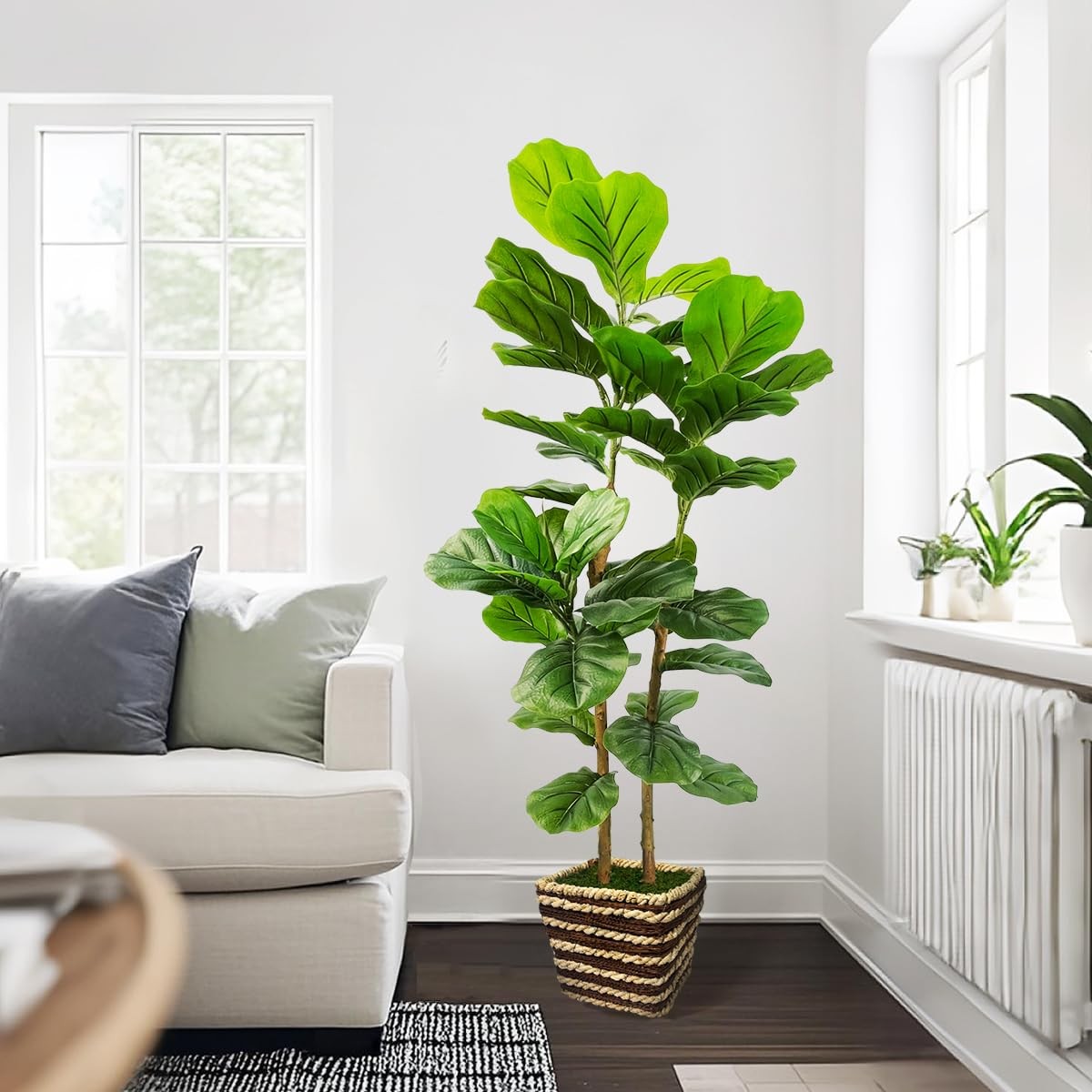 48 Inch Artificial Fiddle Leaf Fig Tree Indoor with Woven Basket – 4ft Tall F…