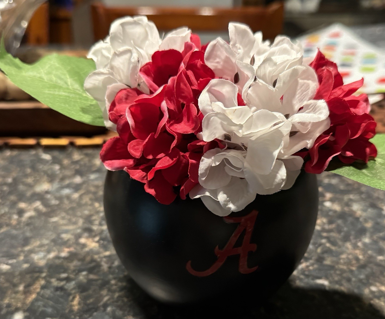 Alabama Crimson Tide Artificial Red & White Hydrangea Arrangement in Black Pot