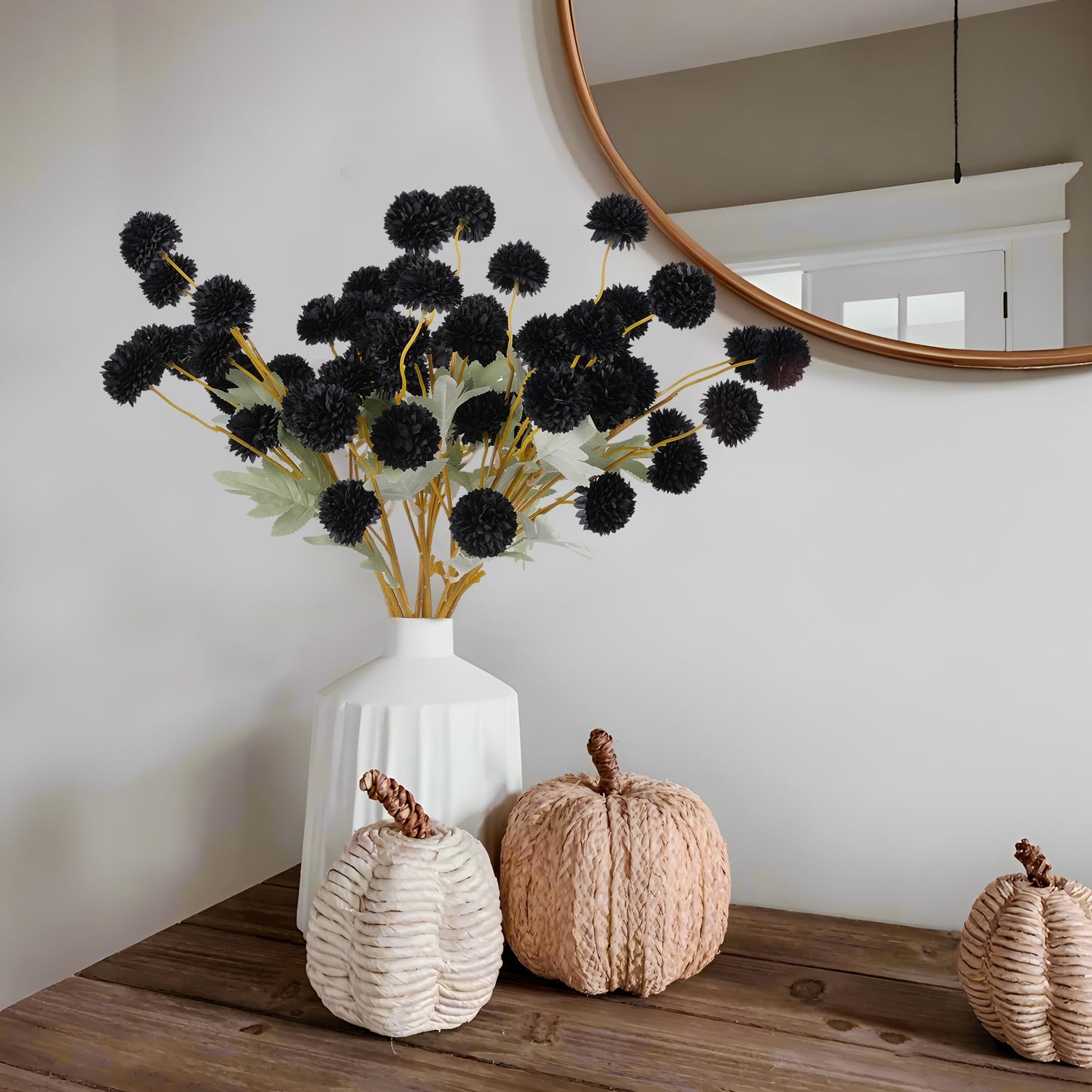 12 PCS Artificial Black Chrysanthemum Kiku Pom Mums Faux Floral Halloween