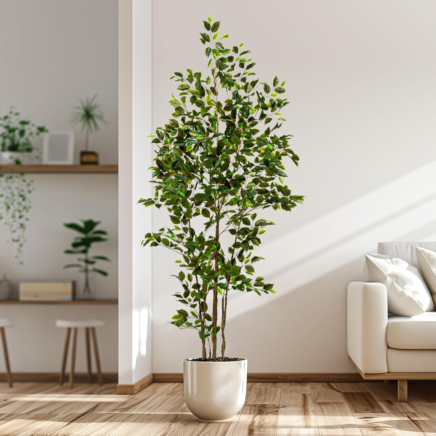 Artificial Ficus Tree Indoor 7Ft, Large Potted Faux Tree with Realistic Silk Lea