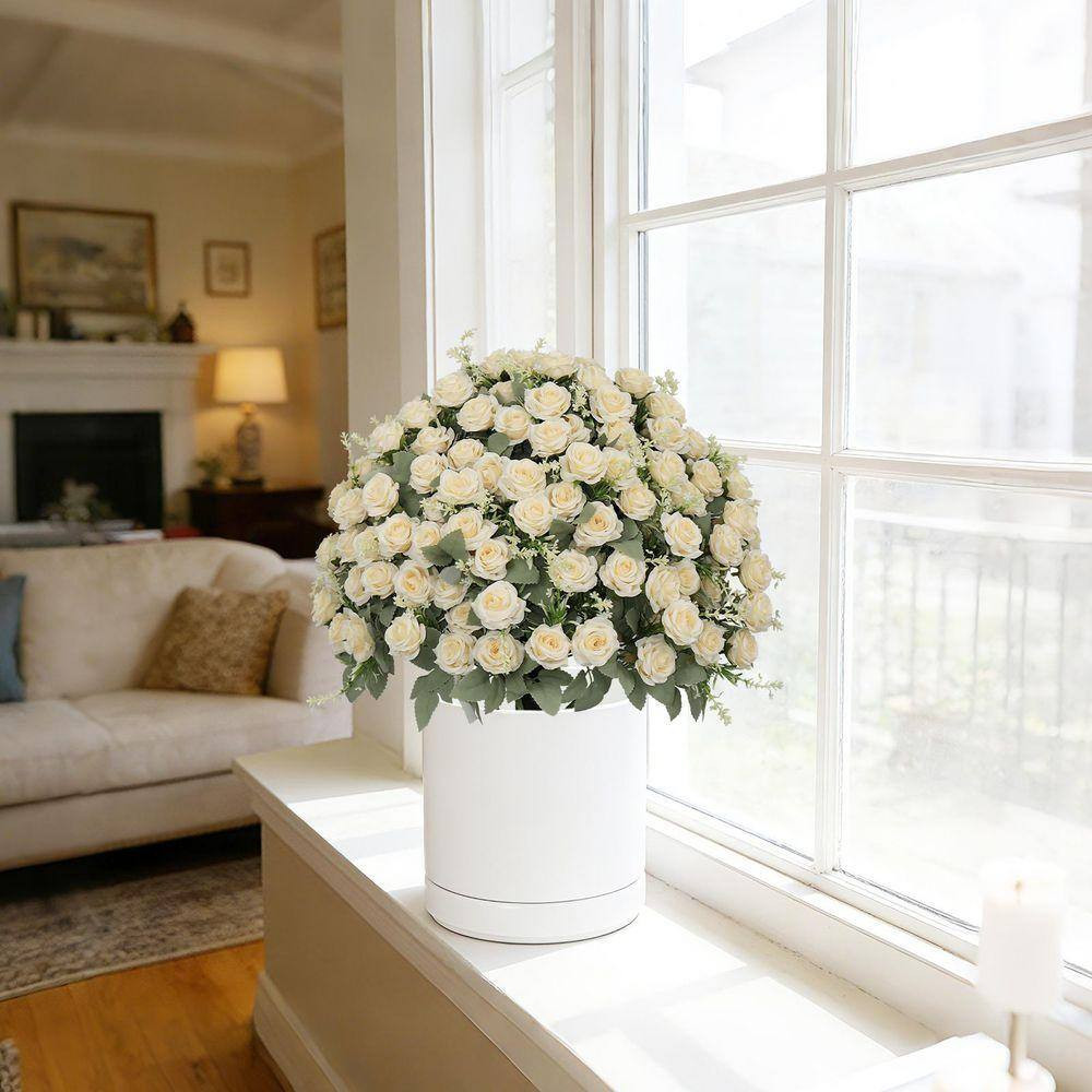 24 In. White Green Artificial Decorative Rose Set of 2 in Black Pot, Lifelike Fa
