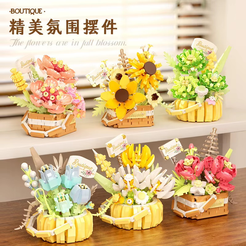 Flowers Bouquet Mini Building Block Rose Model Toy Flower DIY Assembly Decorati