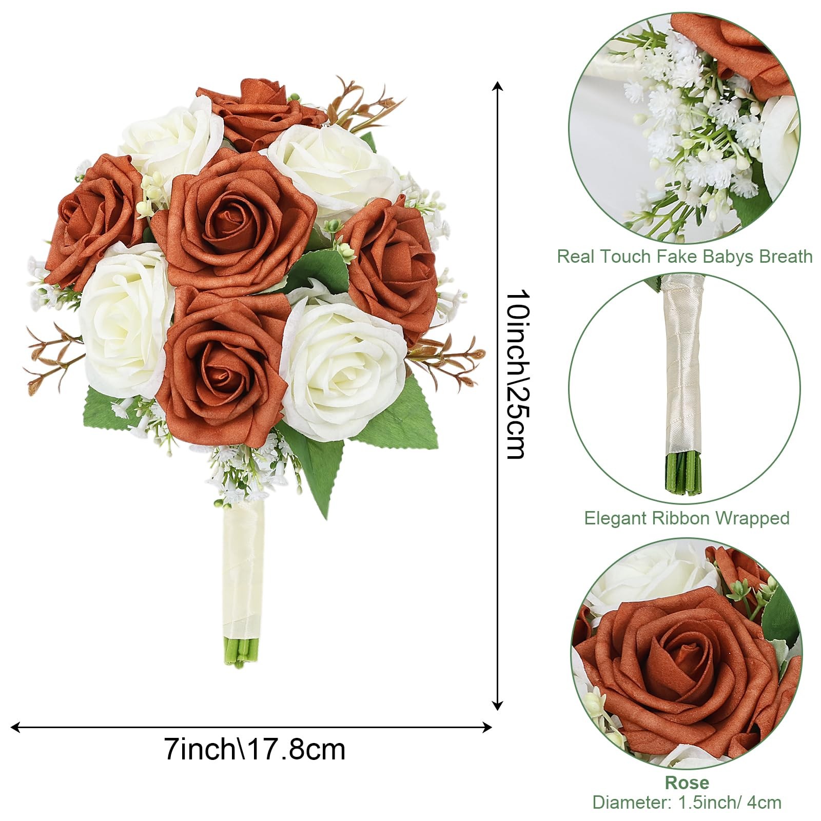 2 PCS 7 Inch Burnt Orange Rose White Baby’s Breath Wedding Bouquet Set