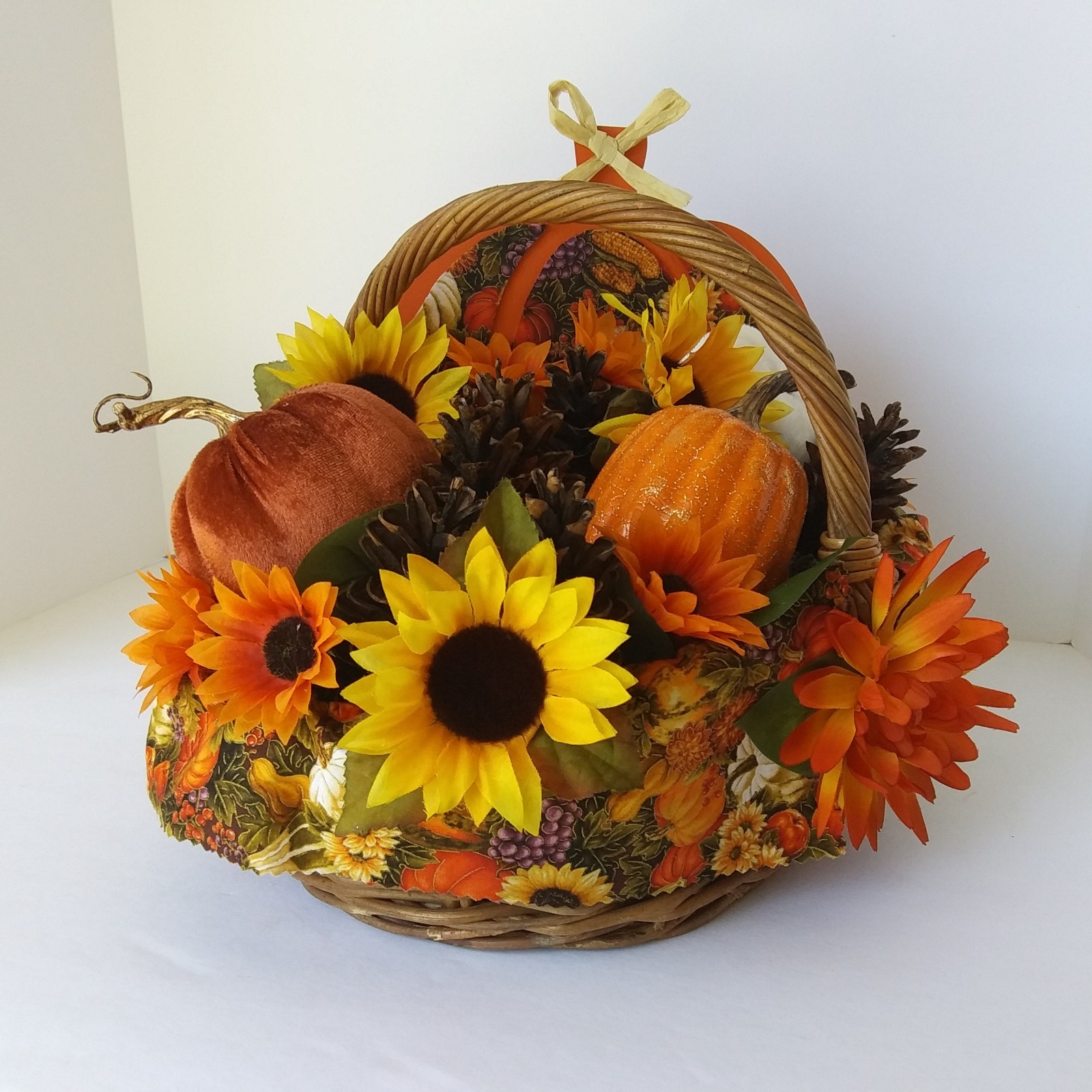Fall Harvest Basket Centerpiece Sunflowers Pumpkins Pinecones Autumn Décor