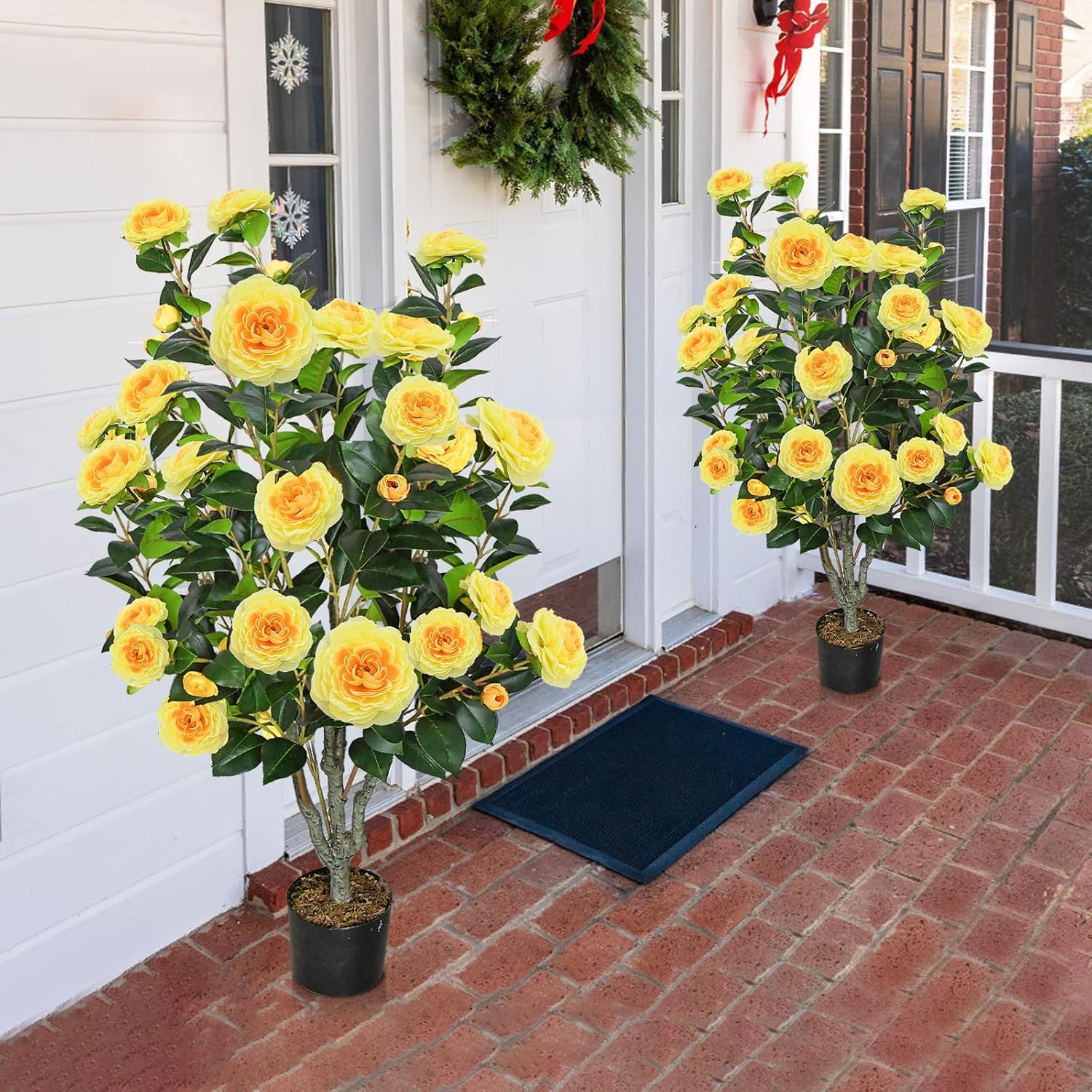 42″ Yellow Artificial Camellia Tree – 2 Pcs Faux Plant for Home & Outdoor Decor