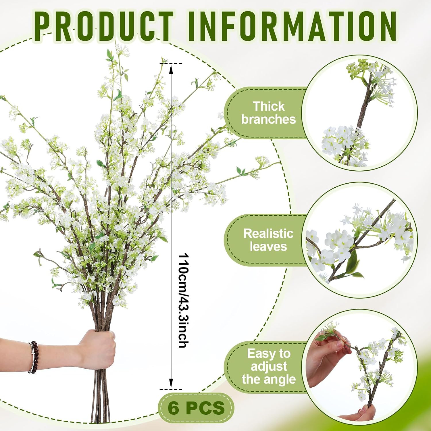 6 Pcs 40″ Artificial Cherry Blossom Branches for Home & Wedding Decor
