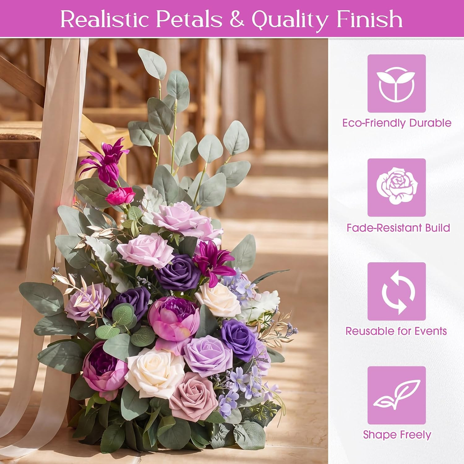 Purple 4 Pcs Free-Standing Wedding Aisle Floral Arrangements & Chair Decor