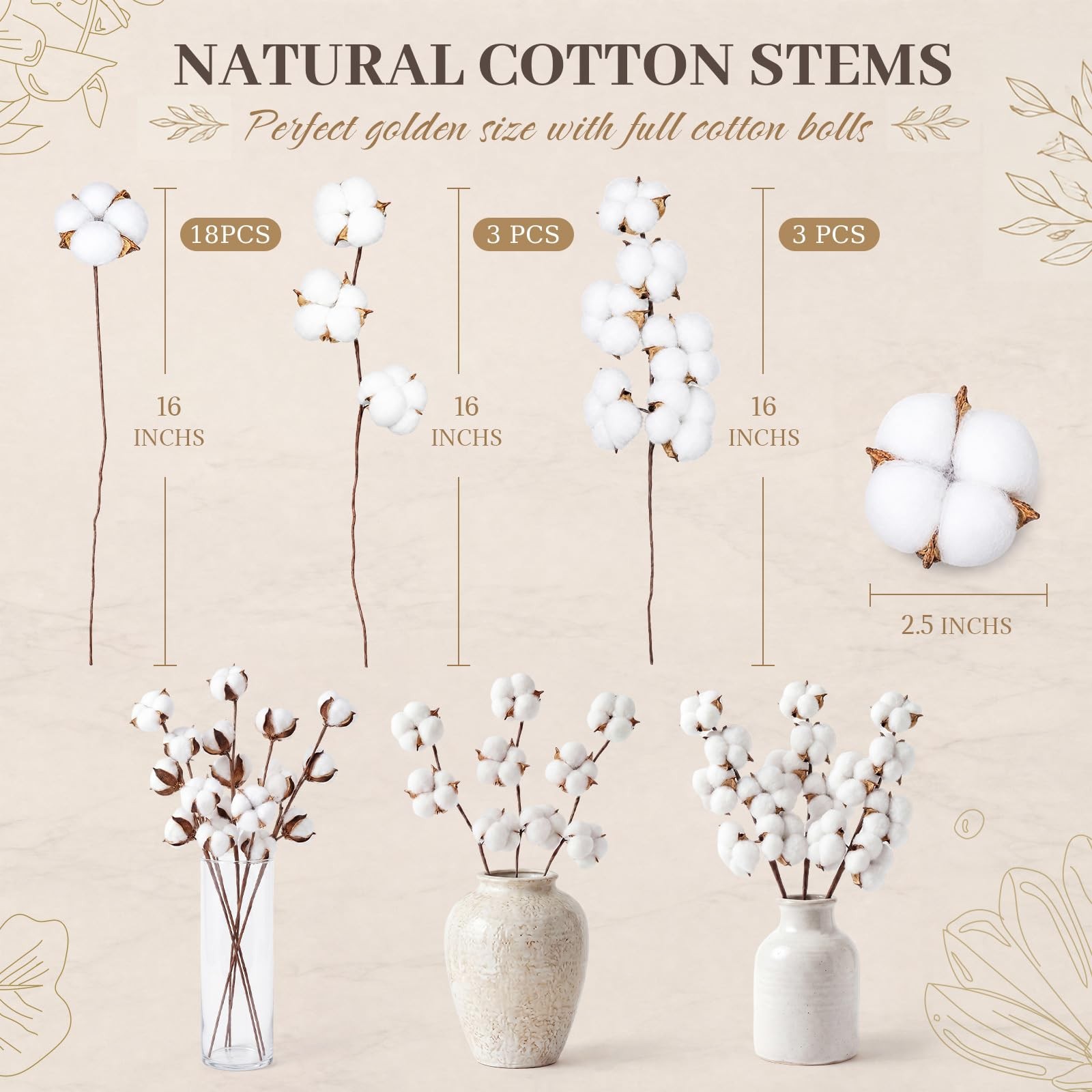 24 Pcs Natural Cotton Stems with 45 Bolls, 16″ Clean Dried Cotton Branches 3 …