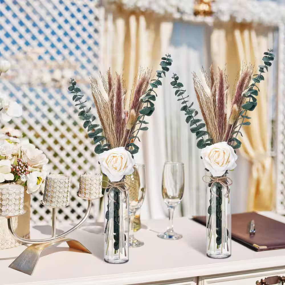 5.35 In. White Artificial Plant Dried Pampas Grass Centerpiece Set with Eucalypt