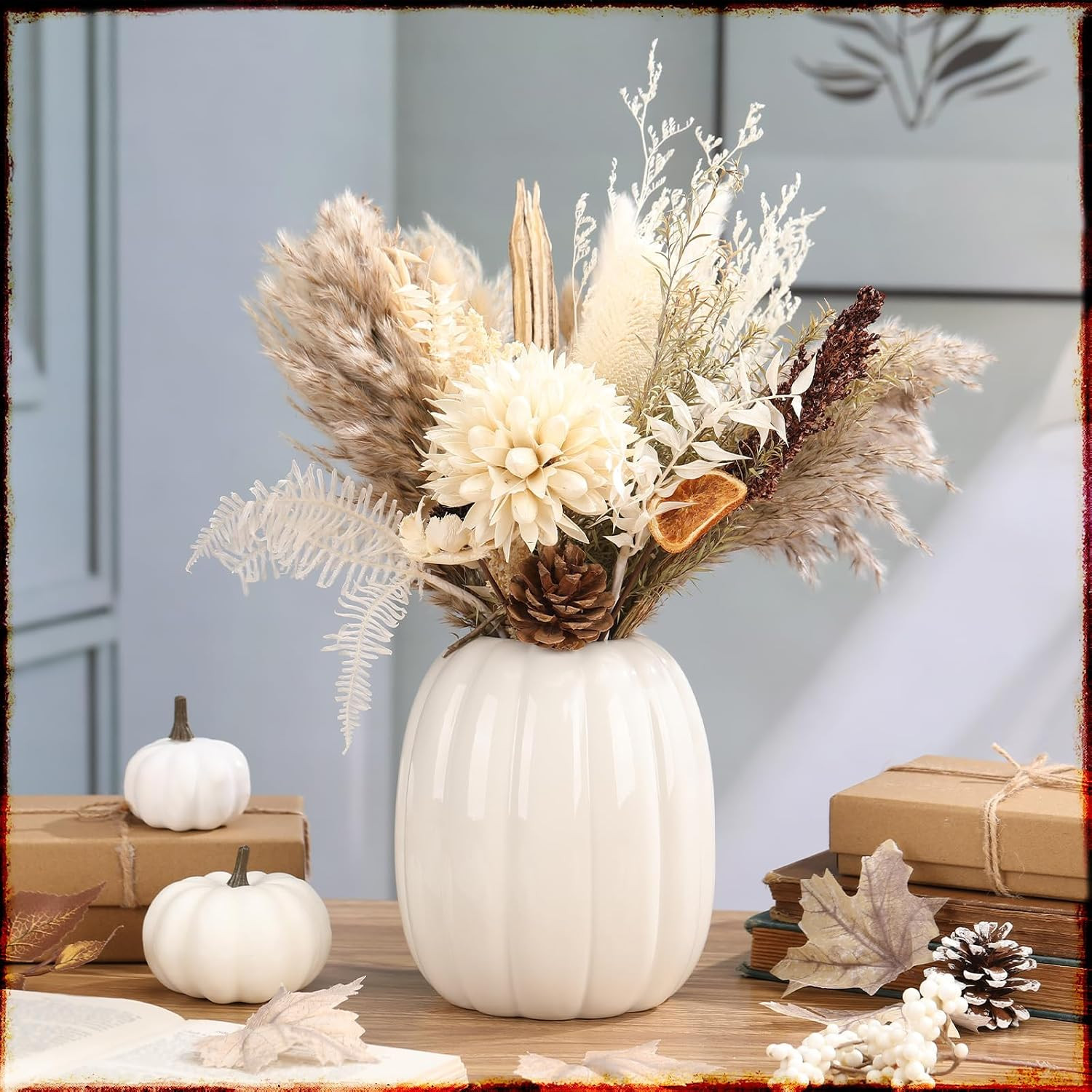 Beeveer 6.7 Inch Ceramic Pumpkin Vase Large Artificial Fake White Pumpkin Flower