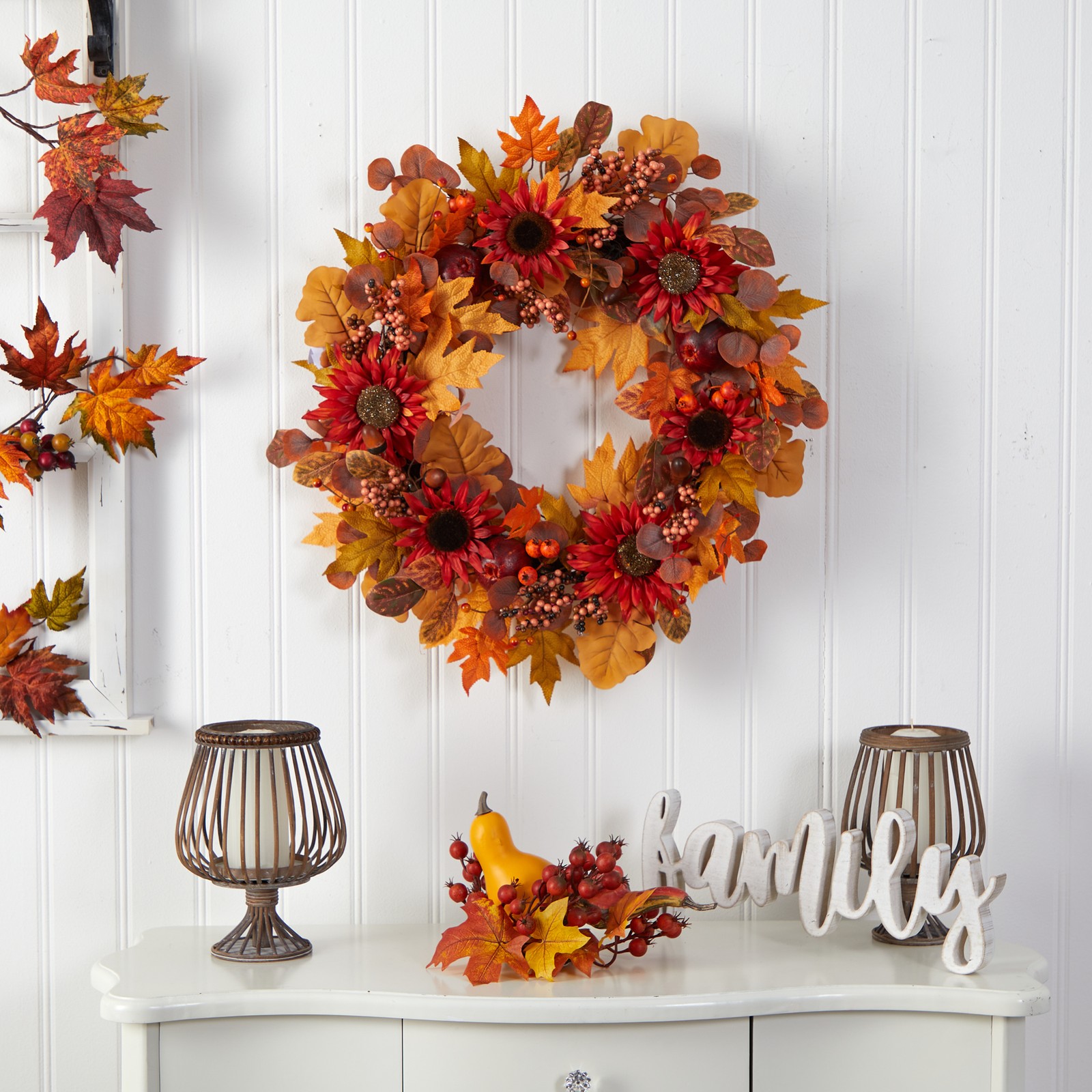 30″ Fall Acorn/Sunflower/Berries and Autumn Foliage Artificial Wreath in Orange