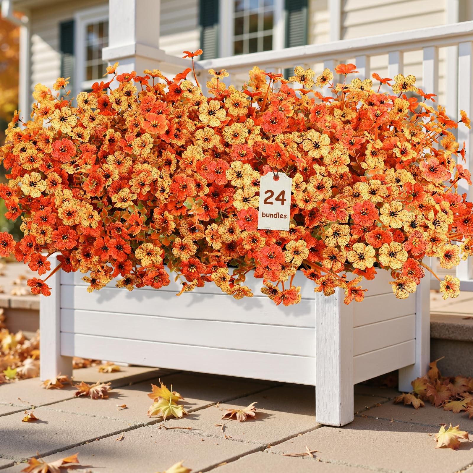 24 Bundles Artificial Fall Flowers, UV Resistant Faux Mums Porch