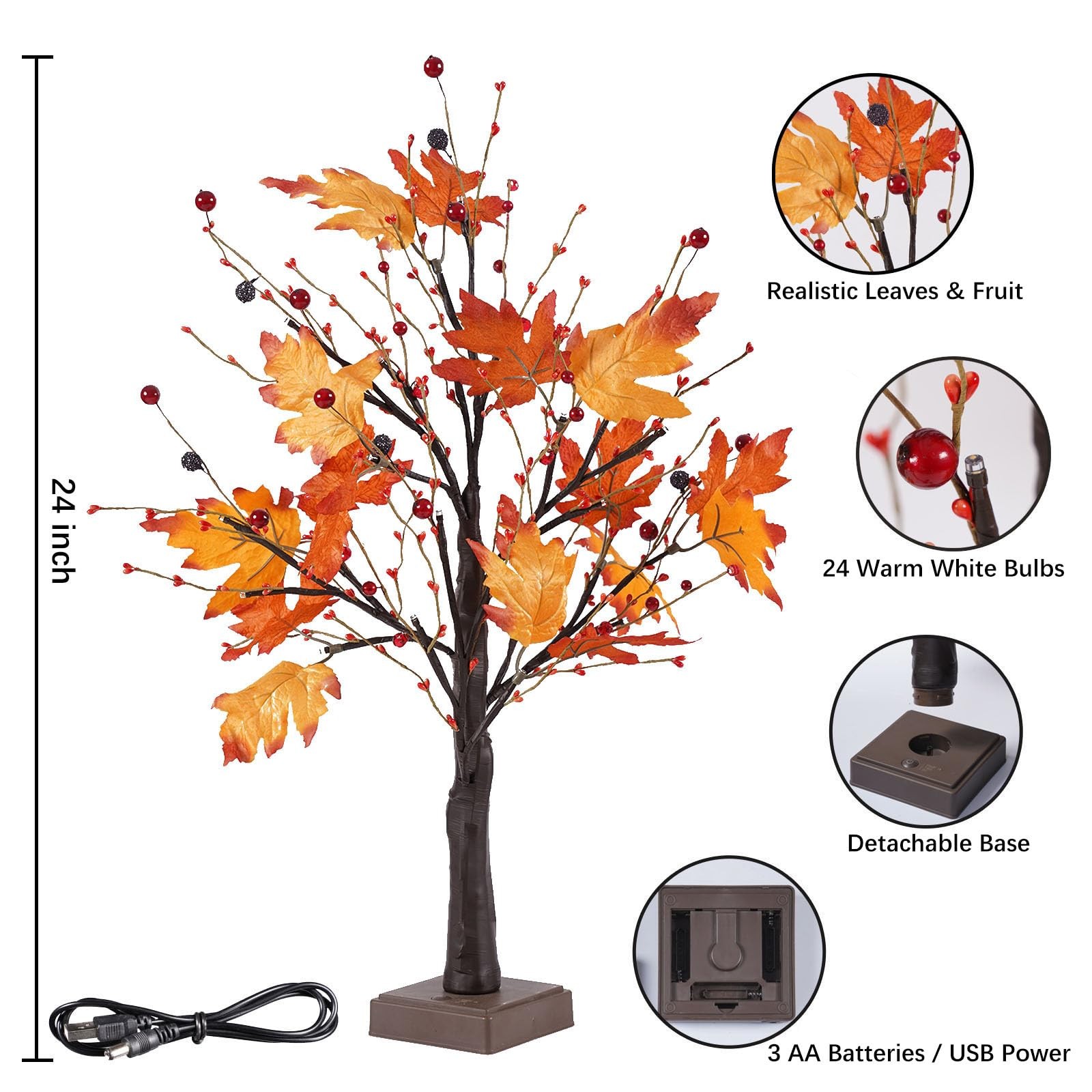 2 FT Artificial Tree with Lights for Fall Decor, 24 LED Autumn Maple Tree for…