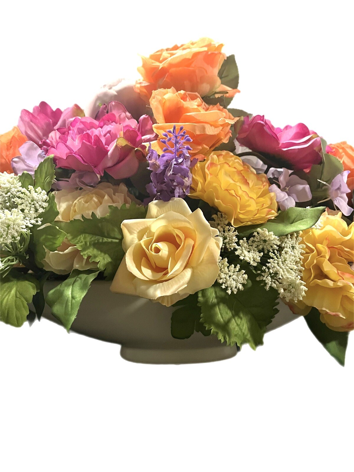 Spring Floral Arrangement Peony Rose Hydrangea Mix Floral White Oval Planter