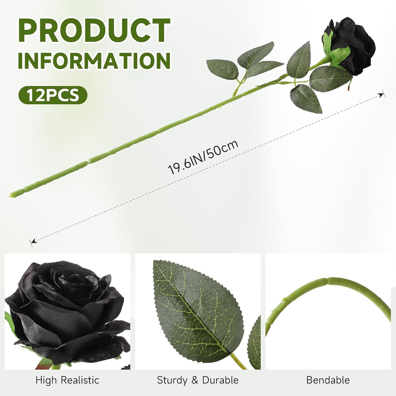 Black Roses Artificial Flowers -12 pcs Realistic Single Long Stem Fake Silk Rose